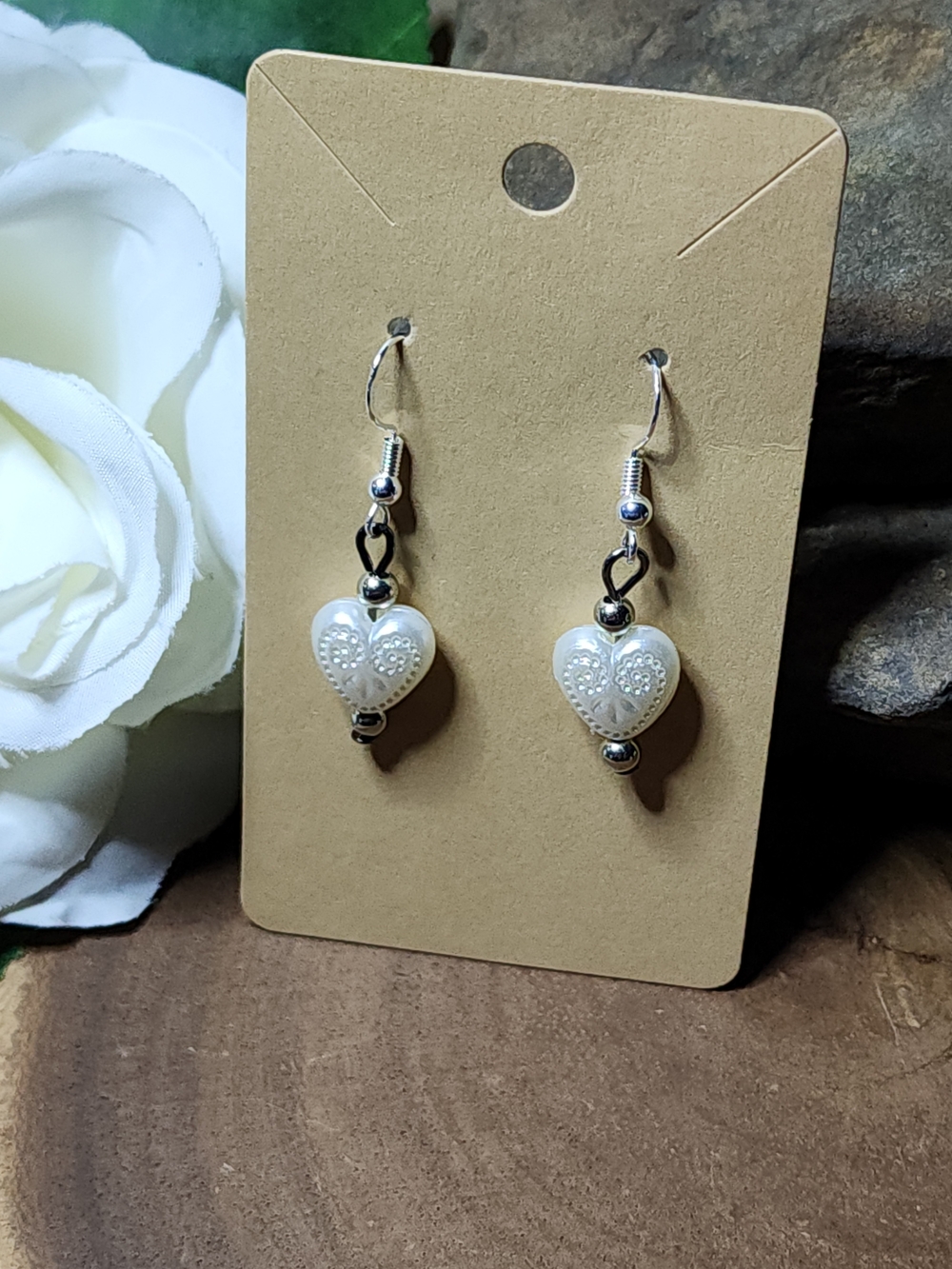 Hand Crafted Faux Pearl Lacy Texture White Heart Dangle Earrings